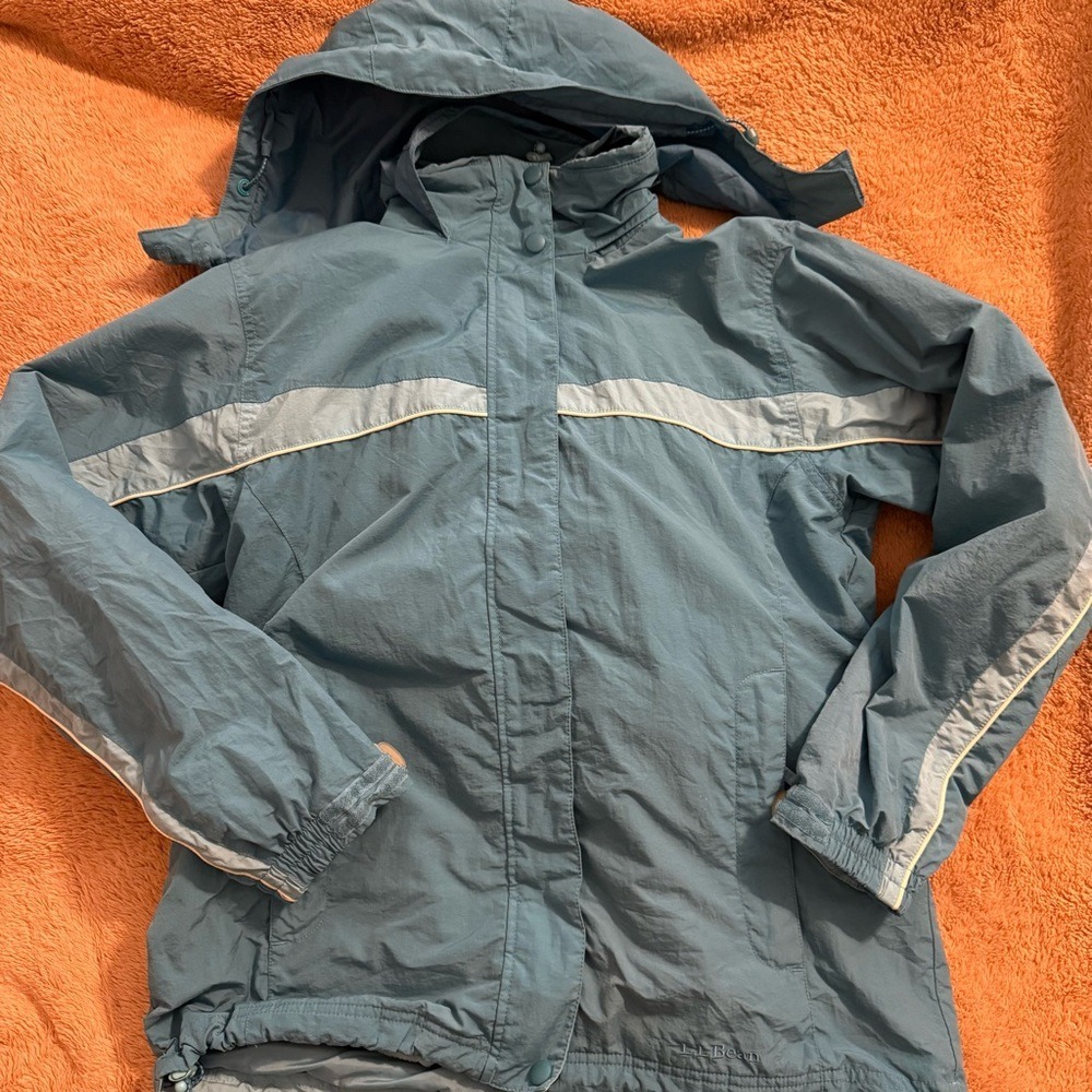 LL Bean Womens Hooded Windbreaker Jacket Blue Full Zip Outdoor Rain Coat